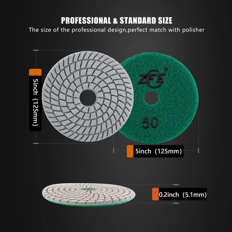 ZFE Diamond Wet Polishing Pads Set, 5 inch 15Pcs Pads for Granite Stone Concrete Marble Floor Grinder or Polisher, 50#-6000# with Hook & Loop Backing Holder Pads for Wet Polisher - Image 2